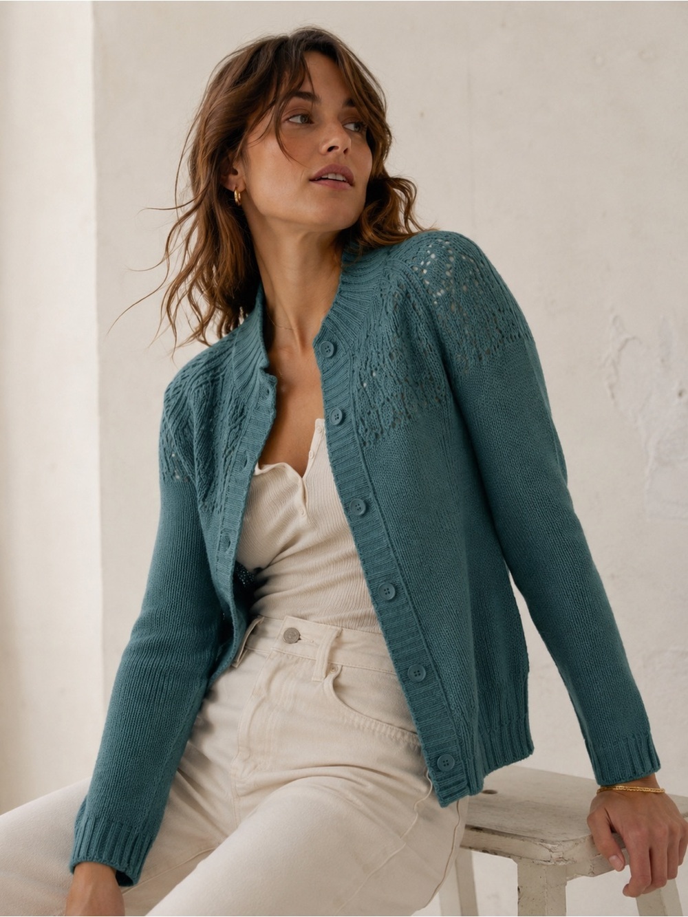 NWT Talbots Petite Small Green Pointelle Knit Button-Front Cardigan